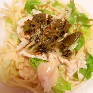 サラダチキンと辛子高菜の明太子マヨネーズパスタ